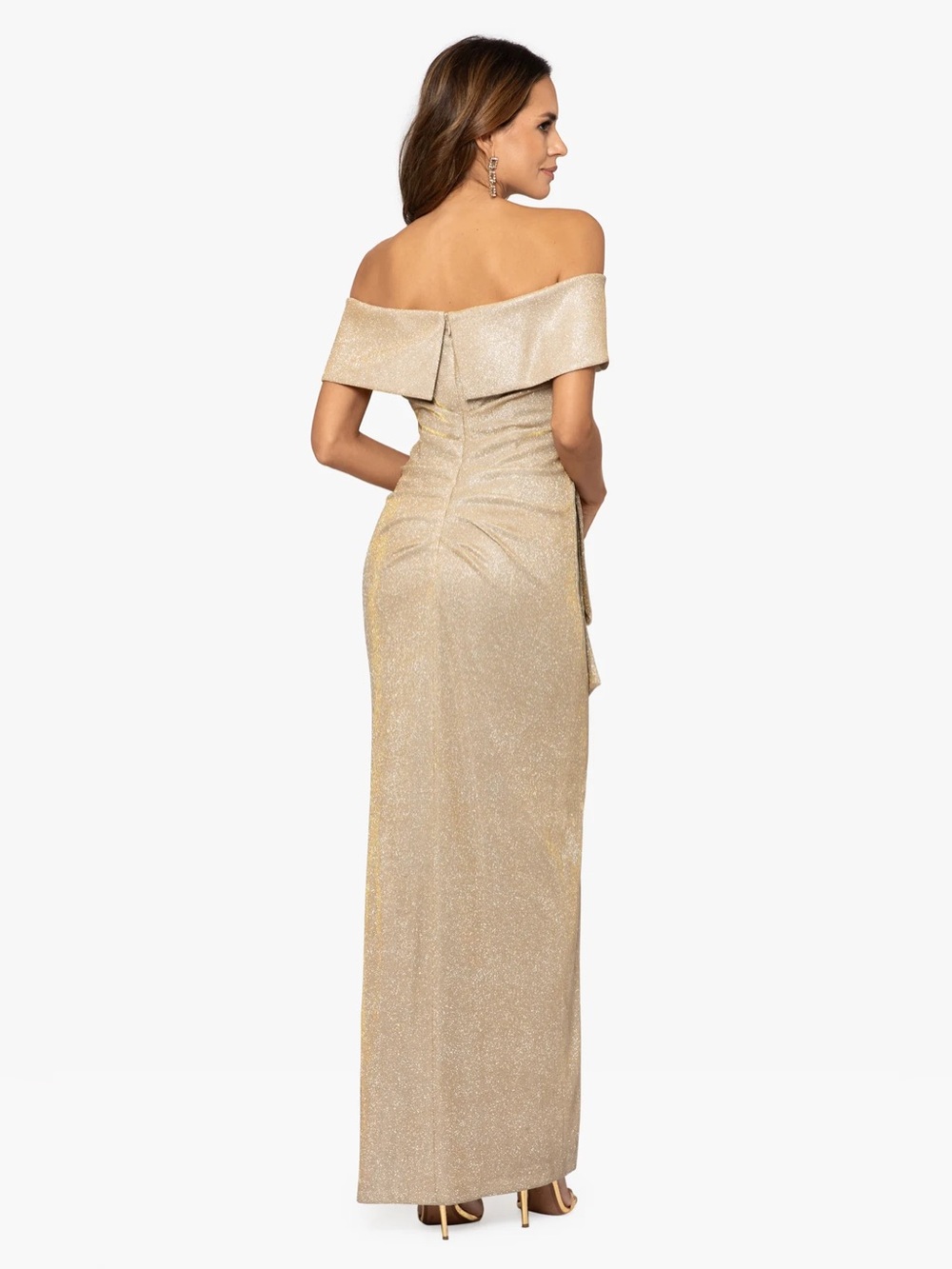 XSCAPE "TESSA" GLITTER OFF THE SHOULDER RUFFLE DRESS - Picture 7 of 12